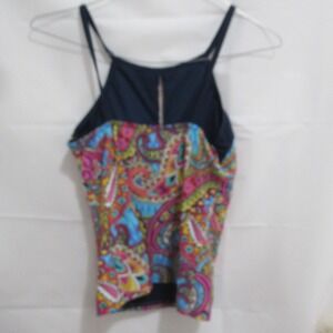 Ellen Tracy Tankini Top Womens 10 Blue Pink Paisley High Neck Keyhole Excellent